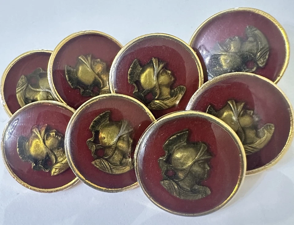 8 Burgundy Resin Brass 7/8” Buttons Athena/Minerva Woman Goddess Helmet Soldier - Image 2 of 4