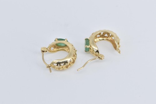 14K Natural Emerald Ornate Floral 14mm Hoop Earrings Yellow Gold *44 - Picture 2 of 4