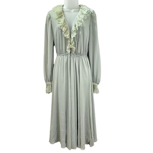 Bergdorf Goodman Dress S Green Lace Ruffle Neck Midi VTG 80 90s Prairie Coquette - Picture 1 of 16