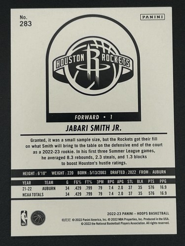 Jabari Smith Jr. 2022-23 Hoops Purple #283 Houston Rockets - Picture 2 of 2