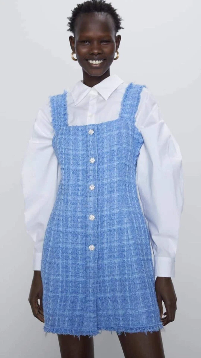 100 Authentic ZARA Sky Blue Tweed Dress With Crystal Buttons Size XL