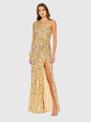 MAC DUGGAL 5659 GOLD EMBELLISHED ONE LONG SLEEVE FAUX WRAP THIGH SLIT  GOWN sz 8