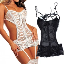 Womens Teddy Lingerie Strappy Lace Bodysuit One Piece Babydoll with Garter Belt