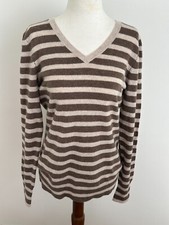Alex Marie V-Neck Sweater Stripes Sz M 100 Cashmere Black Beige Tunic