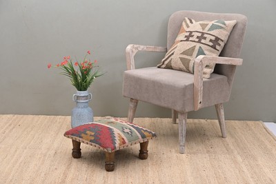 Handcrafted Acacia Wooden Footstool | Low Kilim Upholstered Footstool Ottoman | 