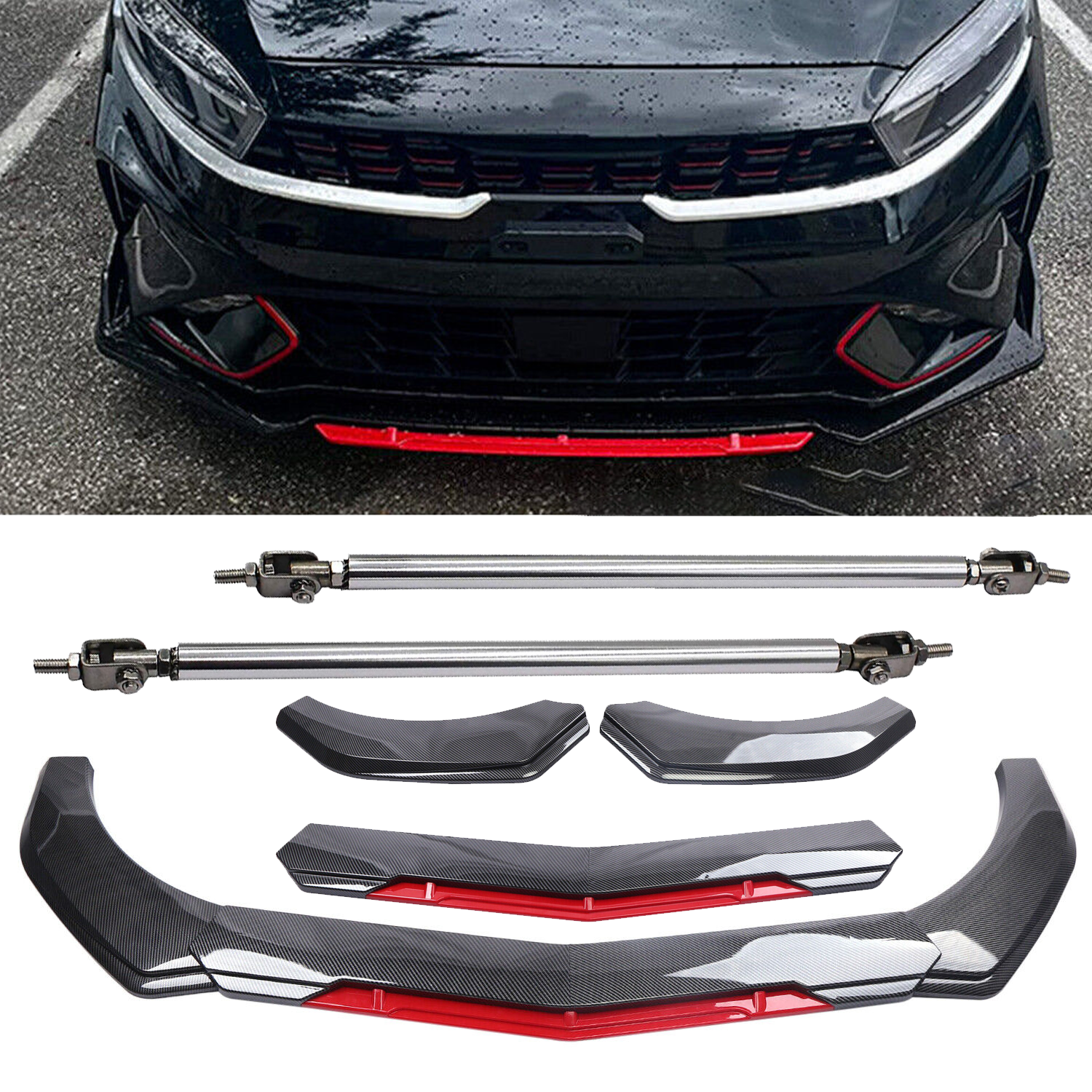 Kia Forte Sedan Carbon Fiber Front Bumper Lip Spoiler with Strut Rods