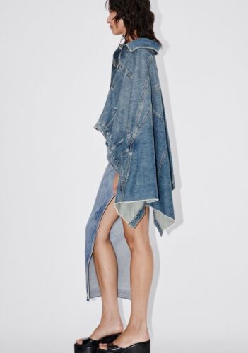 ZARA NUOVO MANTELLO DENIM ASIMMETRICO DONNA ZW BLU MEDIO TAGLIA UNICA M NUOVO CON ETICHETTE 6186/051 - Foto 3 di 9