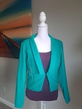 Chocolate Green Turquoise Women's Blazer Medium Shoulder Pads Linen Blend