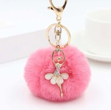KEYRING FLUFFY BALL RHINESTONE ANGEL KEYCHAIN BAG CHARM WATERMELON PINK