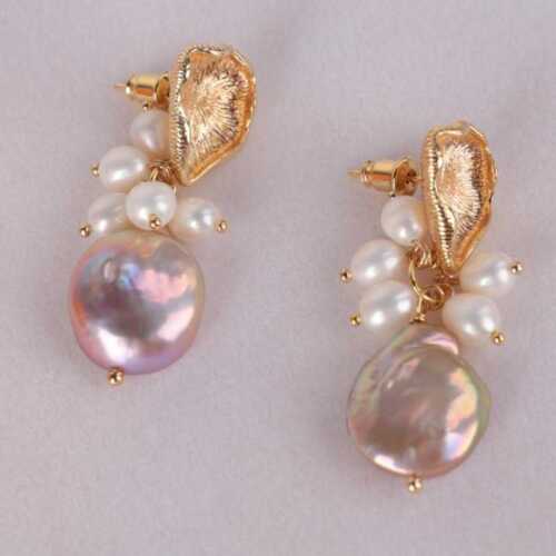 Handmade colored freshwater coin pearl earrings18K hooks Everyday Gemstone - Picture 1 of 9