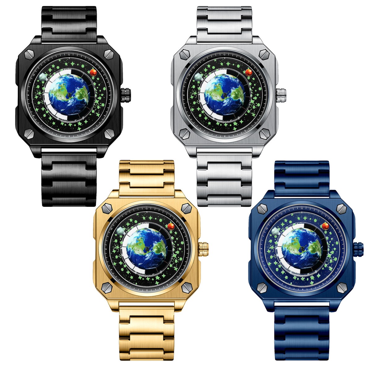 Men's Starry Sky Earth Square Dial Luminous Stainless Steel Quartz