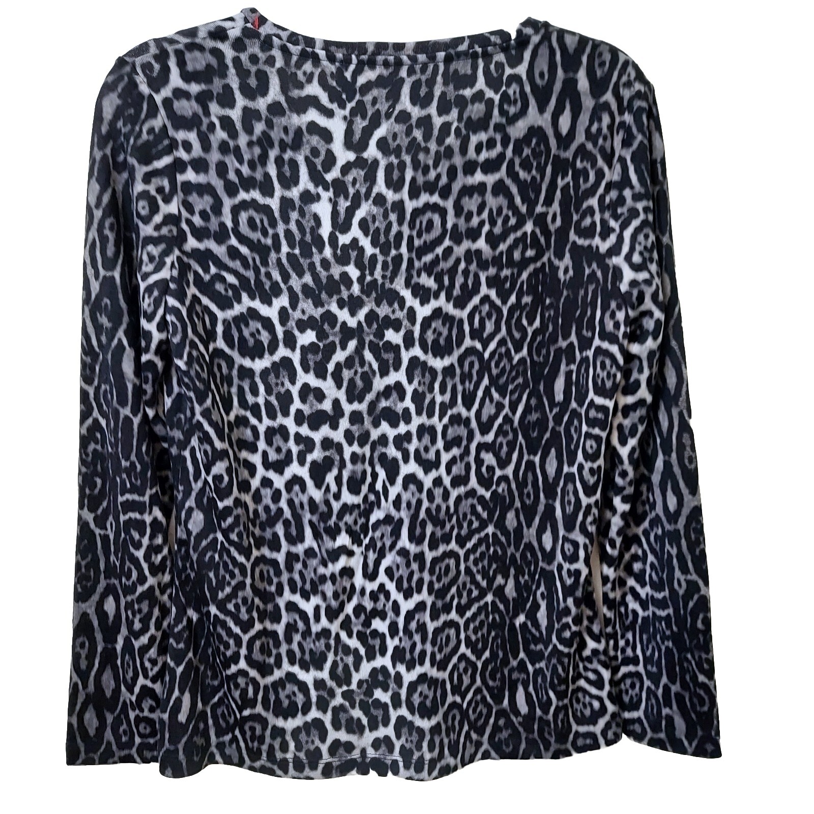 Chicos Heathered Gray Animal Print Top Size 8 (Chico’s 1) Vneck Long