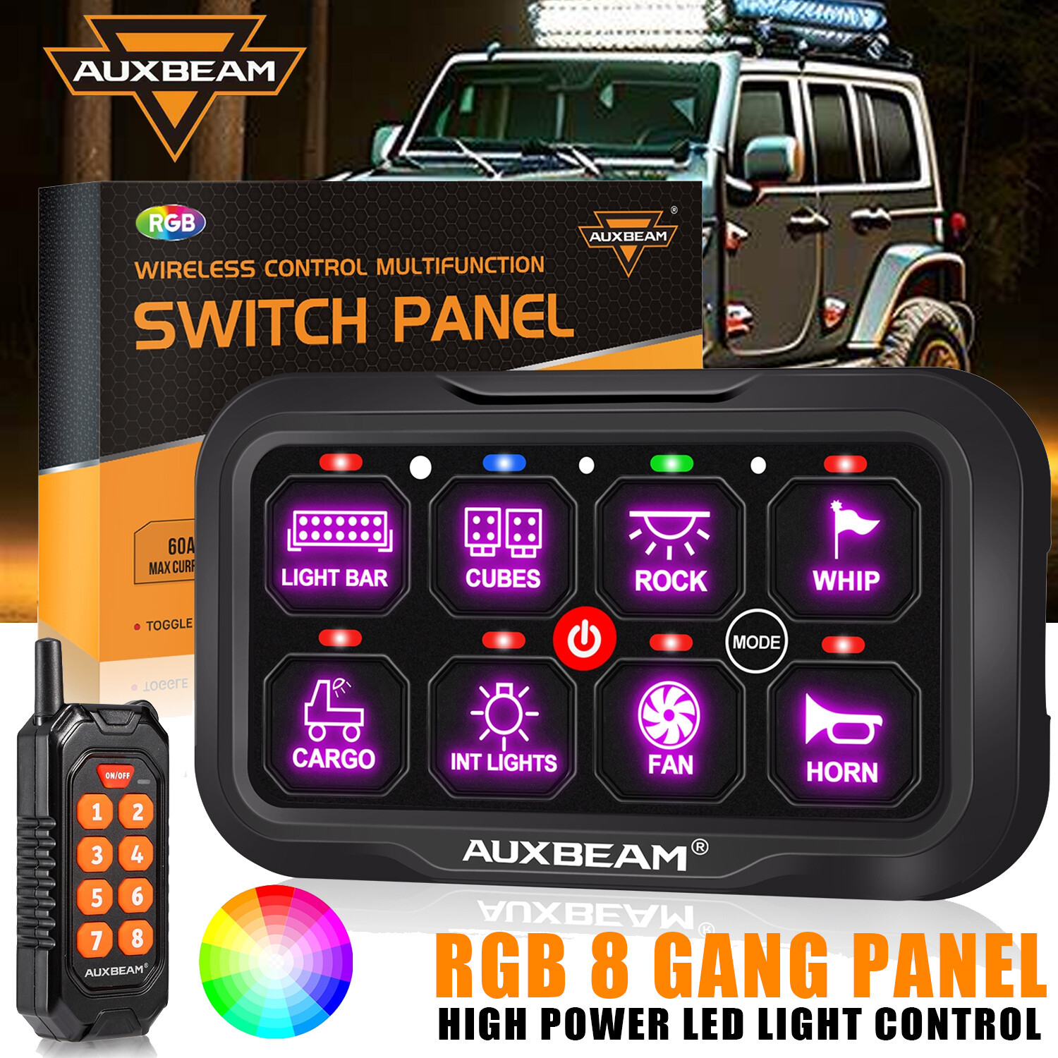 Auxbeam RGB 8 Gang Switch Panel Remote Control Relay System For Jeep Ford Light