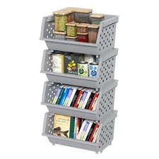 Kekow 4-Pack Stackable Storage Bins for Pantry Plastic Organizing Basket Gray
