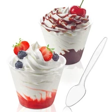 50 Pack 5oz Dessert Cups with Lids and Spoons Clear Plastic Reusable