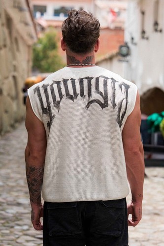 YOUNGLA ( SOLD OUT) - 3012 - DROP SHOULDER KNIT CUT-OFF - WHITE - LARGE