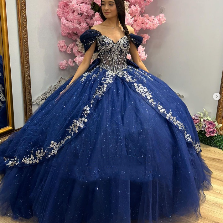 Navy Blue Quinceanera Dress Glitter Beaded Princess Off Shoulder Ball Gowns  | eBay