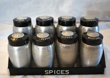 VINTAGE ATOMIC KROMEX SPICE SHAKER SET SPUN ALUMINUM 8-PIECE SET W/HANGABLE RACK