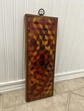 Vintage 1960’s Geometric Tumbling Blocks Hand Painted On Wood Painting MCM