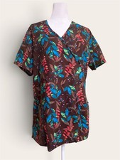 Fall scrub top brown floral leaf v neck