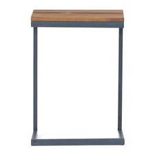 Industrial-style C-shaped accent table, dark iron base, natural fir wood top