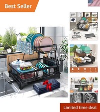 Estante de secado de platos, estante para platos de 2 niveles con drenaje automático y tapete, estante para platos para kitc...