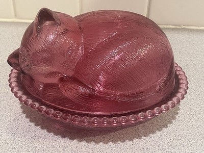 RARE Vintage 2pc Indiana Glass Cranberry Pink/Red SLEEPING KITTEN CAT ON NEST
