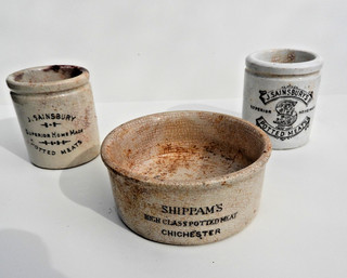 VINTAGE 2 X SAINSBURY POTTED MEATS. 1 X SHIPPAMS CHICHESTER POTTED MEAT POTS