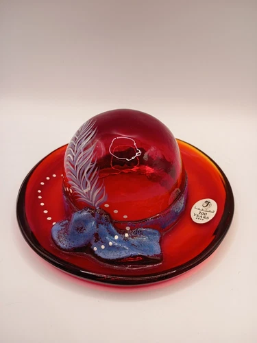 Fenton Red Glass Ladies Hat Hand Painted Signed
