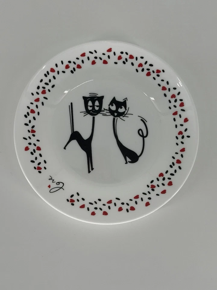 Corelle Loving Cats Appetizer Plates 6.75” Set of 4 White Black Red Love Hearts - Image 4 of 4