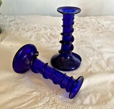 Pair of Hand Made Cobalt Blue Glass Candlesticks Hand Blown Candleholders