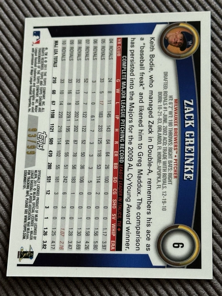 2011 Topps Chrome ZACK GREINKE BLUE /99 Parallel Refractor - Image 2 of 2
