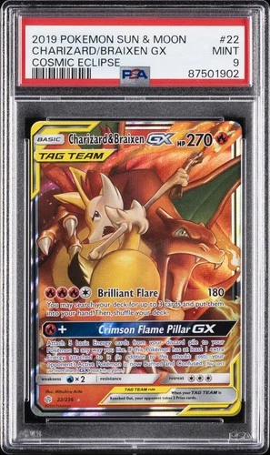 2019 POKEMON SUN & MOON COSMIC ECLIPSE #22 CHARIZARD & BRAIXEN GX PSA 9