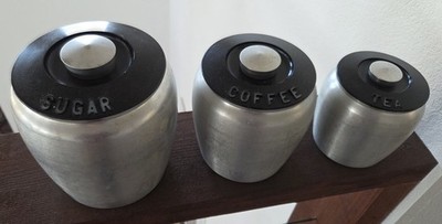 Set Of 3 Vintage 1950's Kromex Spun Aluminum Canisters Coffee Tea Sugar Lids