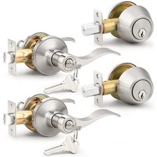Entry Door Handle Lever Deadbolt Set Satin Nickel Keyed Alike Lockset 2 Pack