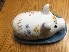  Country Pig Butter Dish several Chips blue dish piggy has blue and yellow flowe