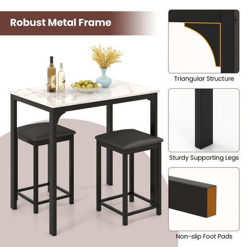 Juego de comedor de 3 piezas de contraaltura mesa de mármol sintético y 2 sillas barra de cocina nuevo - Imagen 6 de 12