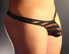 USA SELLER-MENS WOHUAN STRIPED SEE-THRU MESH THONG-BLACK-LARGE 30-32