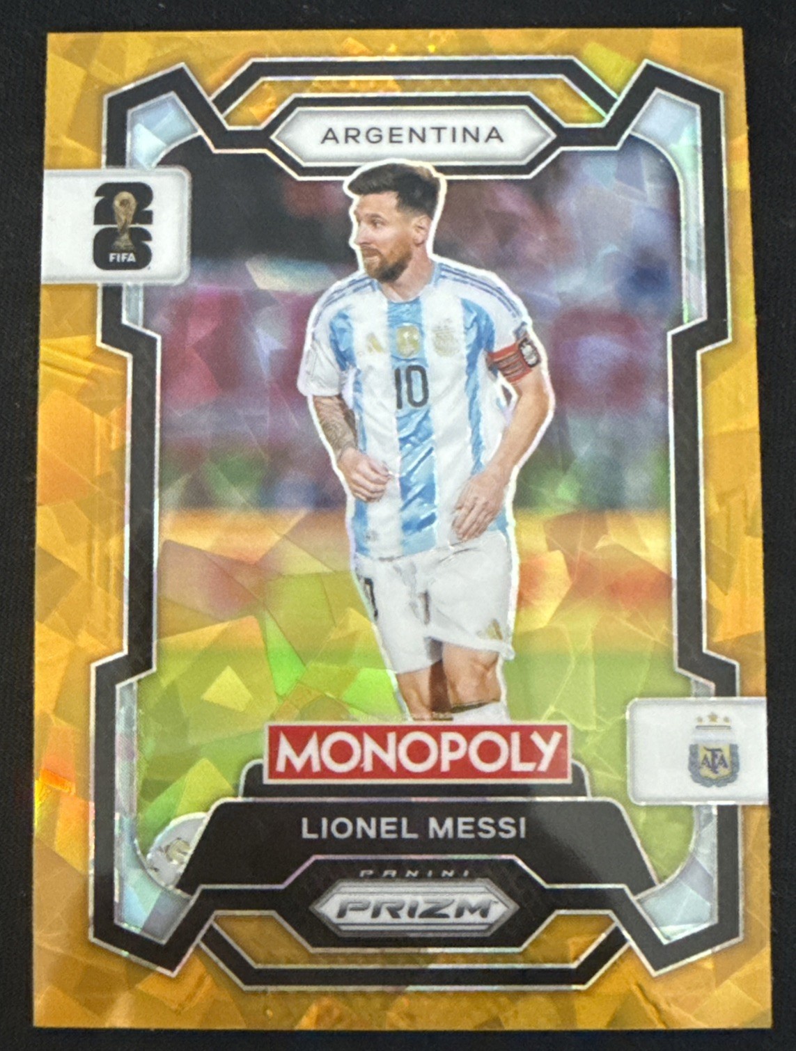 2026 Panini Prizm Monopoly FIFA World Cup Lionel Messi Gold Cracked Ice SP #1