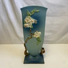 VTG Roseville Art Pottery 390-12" Tall Blue Two Handled Apple Blossom Vase