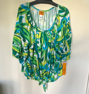 Ruby Rd  Women's 2X  Green/Blue Paisley Scoop Neck 3/4 Dolman Tie Blouse
