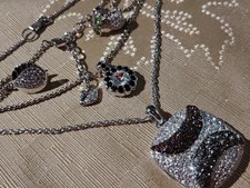4pc Swarovski Crystal Black Clear Necklace & Pear Pins Stamped