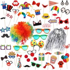 57 Pcs Carnival Party Decoration Include Circus Photo Booth Props Clown Wig S...
