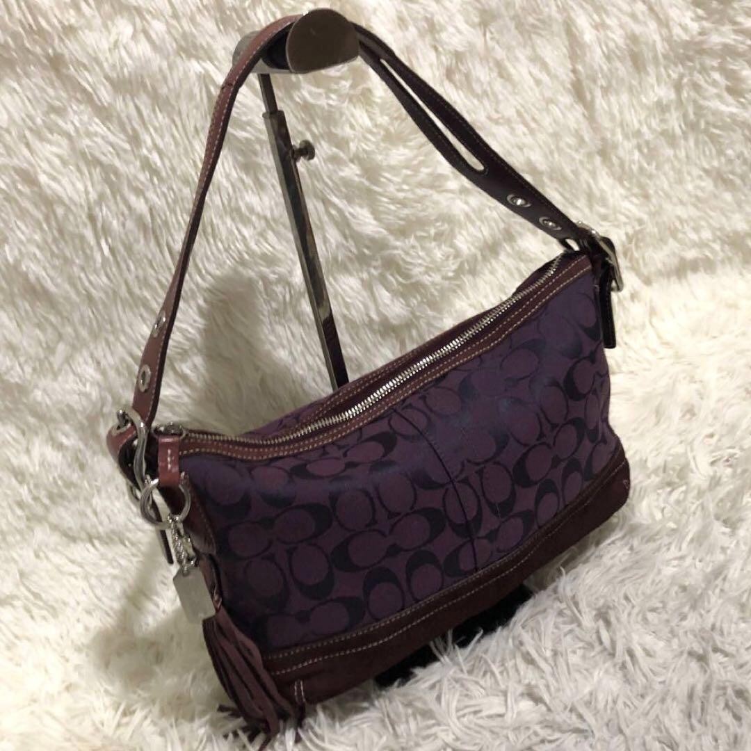 COACH 9363 Signature Hand Bag Y2k Canvas Suede Leather Purple w