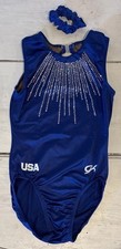 EUC GK Elite USA Gymnastics Adult Small Tank Leo Blue Rhinestones w Scrunchies