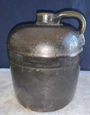 VINTAGE Glazed Pottery Jug Whiskey Moonshine Handle Primitive Look Jar Farmhouse