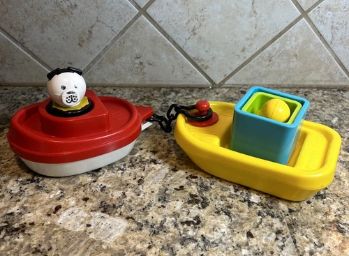 Fisher Price Tug Boat & Barge Jumbo Little People Vtg 1978 Toy W Blocks & Duck