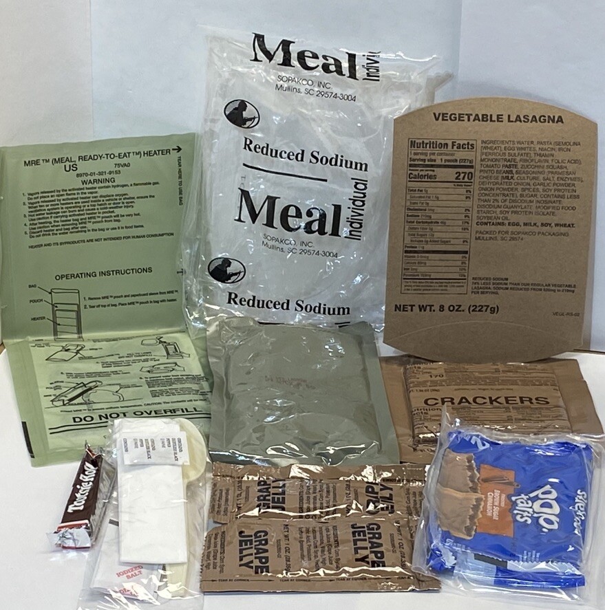 SOPAKCO MRE-VEGETABLE LASAGNA-LOW SODIUM EMERGENCY RATION-(15) MEALS-07/26
