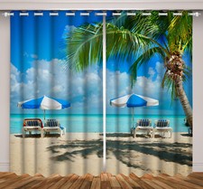 Blue Ocean Sand Beach Scenery 3D 2 Panels Window Curtains Blockout Drapes Fabric