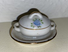 Antique miniature doll house blue floral Casserole dish Occupied Japan